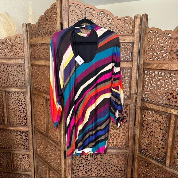 NWT TRINA TURK MULTICOLOR STRIPE OPEN BACK MINI DRESS size smalll reg $255 - Picture 3 of 5